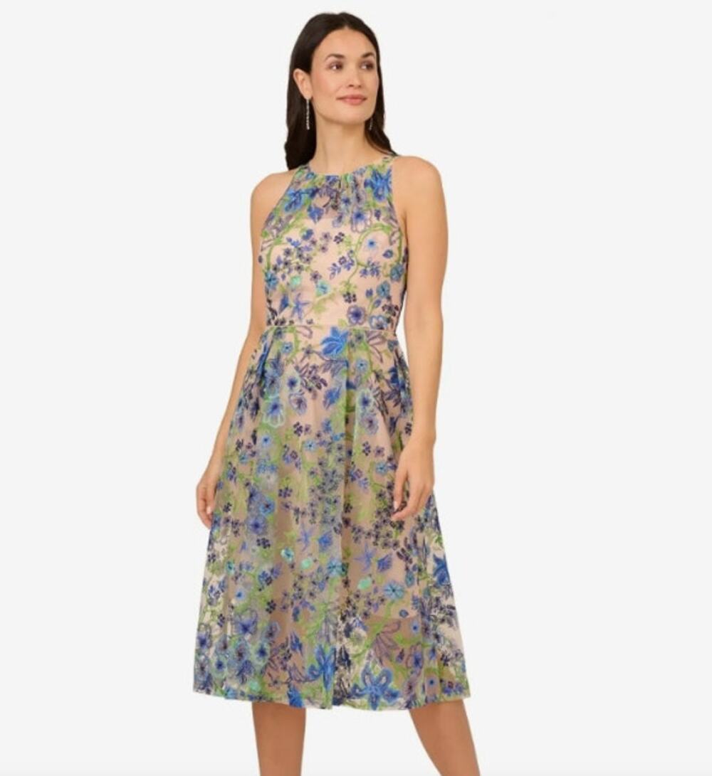 Adrianna Papell NWT Blue Multicolor Embroidered Fit and Flare Dress Size 8